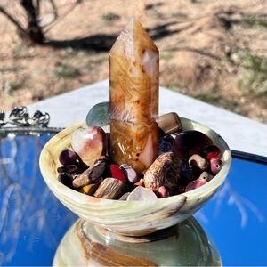 Banded Green Onyx Bowl, Agate Tower / Point, Petrified Wood, Polychrome Jasper
